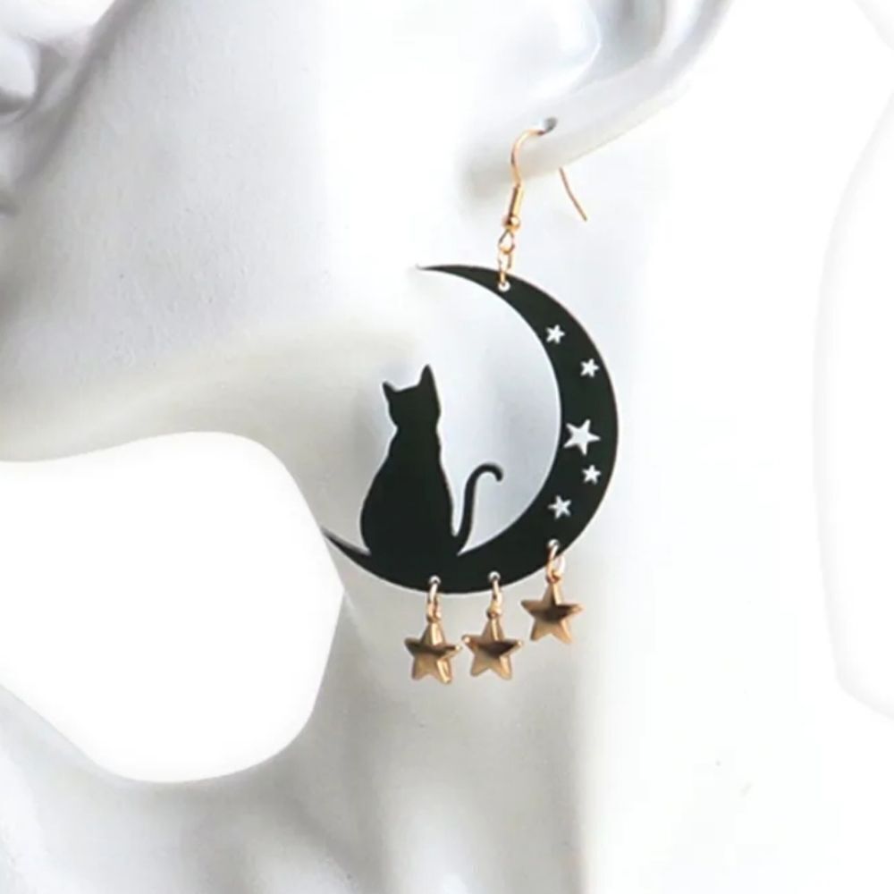 NWOT Acrylic Black Cat in a Moon with Star Earrings